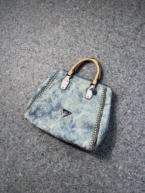 Guess Los Angeles Denim Monogram Satchel Bag Chain Trim Leopard Lining Silver